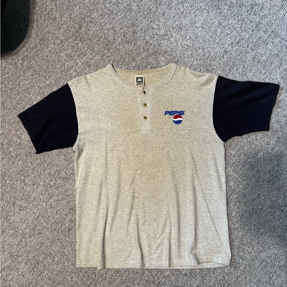 Pepsi Beige Henley Tee with Navy Logo Accent
